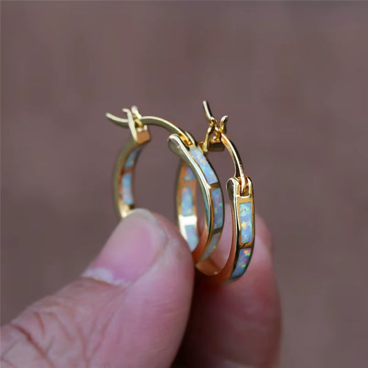 Boho Female Blue White Opal Jewelry Yellow Gold Color Wedding Earrings for Women Vintage Bride round Big Hoop Earring