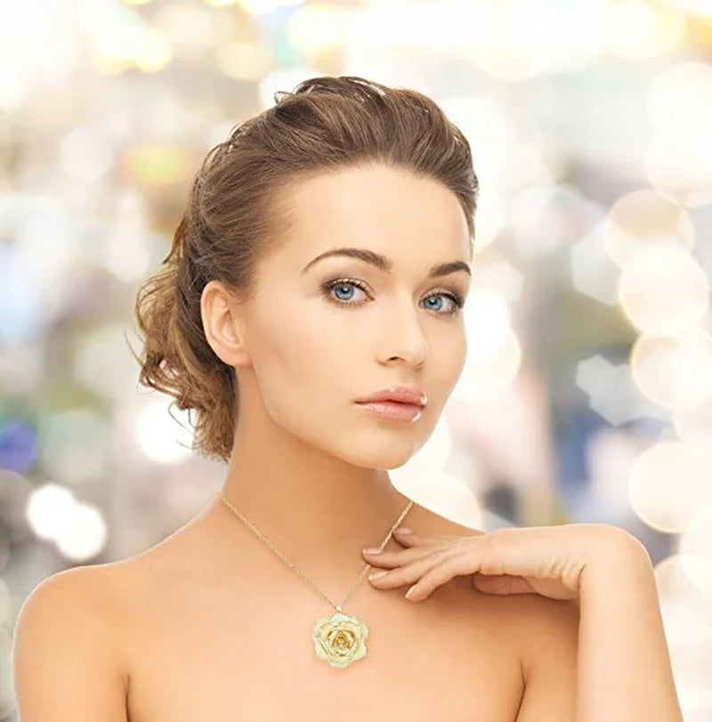 Rose Flower Necklace for Mom Friend 30Mm Golden Necklace Chain with 24K Gold Dipped Real Rose Pendant Gift for Women Mom Birthday Wedding Holiday Gift with Jewelry Box