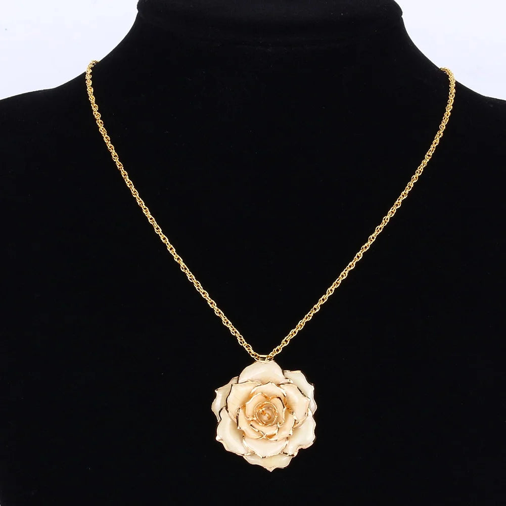 Rose Flower Necklace for Mom Friend 30Mm Golden Necklace Chain with 24K Gold Dipped Real Rose Pendant Gift for Women Mom Birthday Wedding Holiday Gift with Jewelry Box