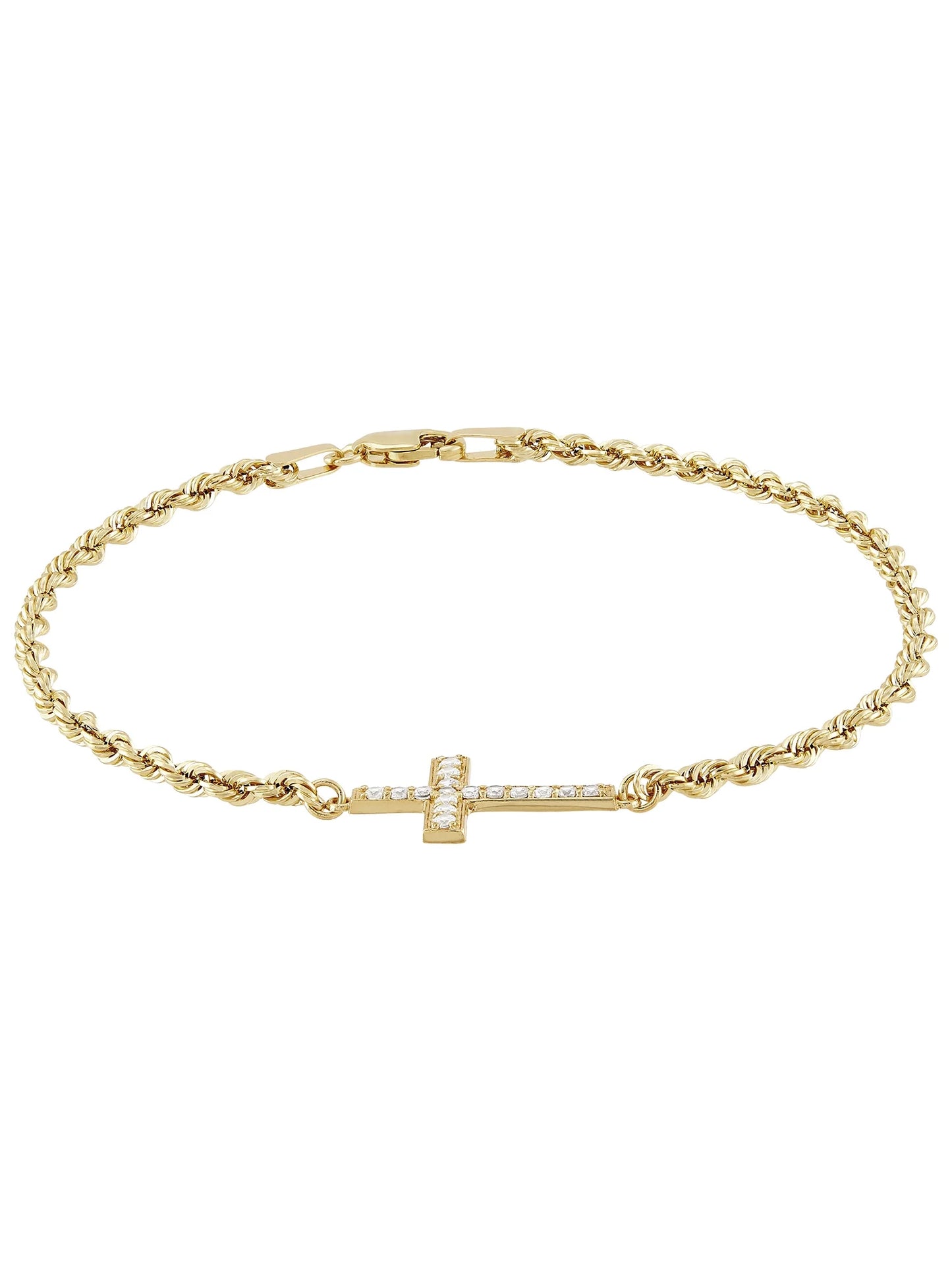 Cubic Zirconia Cross Rope Bracelet in 10K Yellow Gold, 7.5"