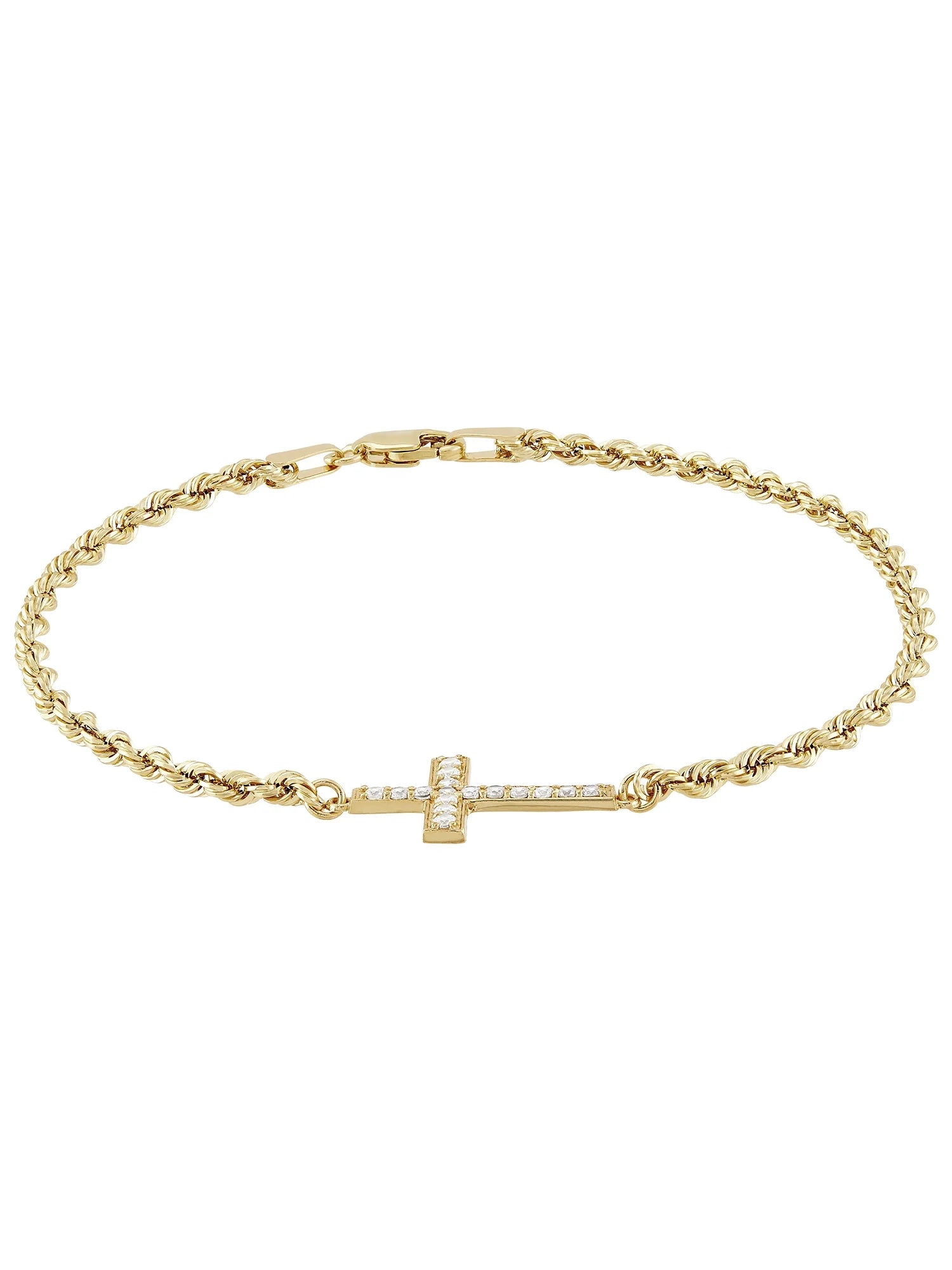 Cubic Zirconia Cross Rope Bracelet in 10K Yellow Gold, 7.5"