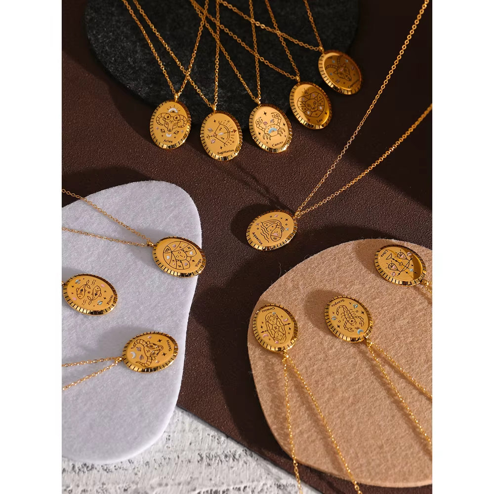 316 Stainless Steel Zodiac Constellation Drop Pendant Necklace - Waterproof Golden Jewelry, 18K Metal Collar Necklace Gift