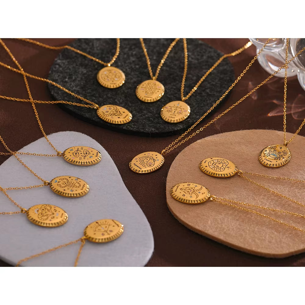 316 Stainless Steel Zodiac Constellation Drop Pendant Necklace - Waterproof Golden Jewelry, 18K Metal Collar Necklace Gift