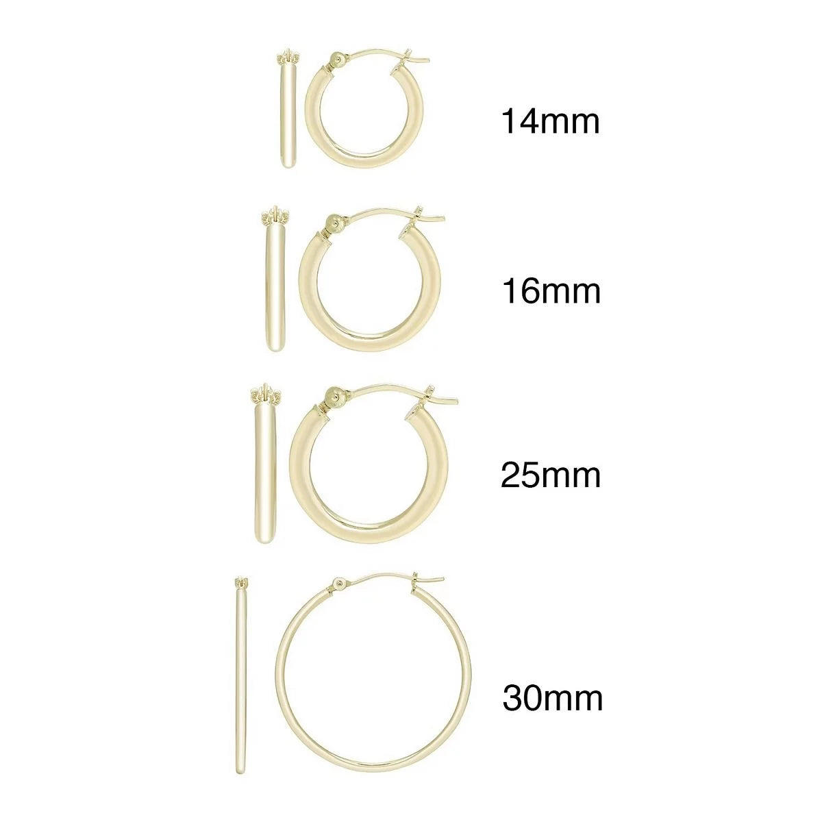 14K Yellow Gold 2Mm Hoop Earrings, 12Mm–30Mm, Adult Unisex Jewelry