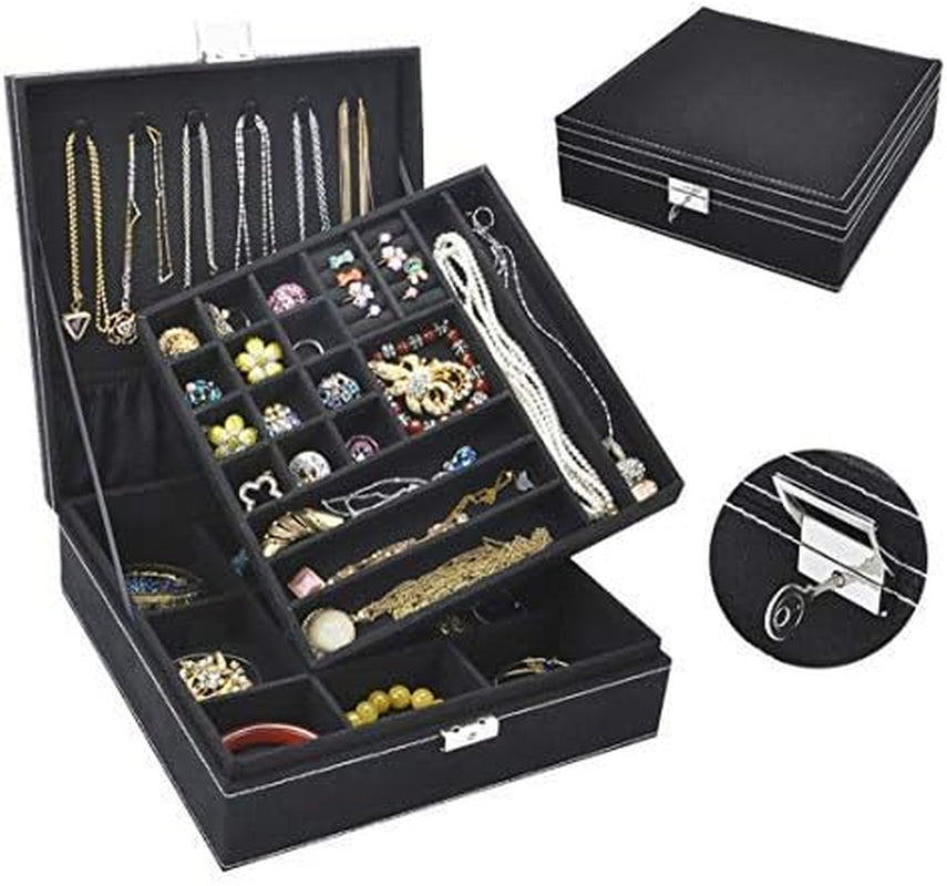 Jewelry Box for Women, Qbeel 2 Layer 36 Compartments Necklace Jewelry Organizer with Lock Jewelry Holder for Earrings Bracelets Rings - Black