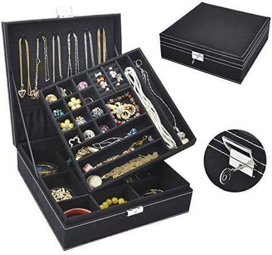 Jewelry Box for Women, Qbeel 2 Layer 36 Compartments Necklace Jewelry Organizer with Lock Jewelry Holder for Earrings Bracelets Rings - Black