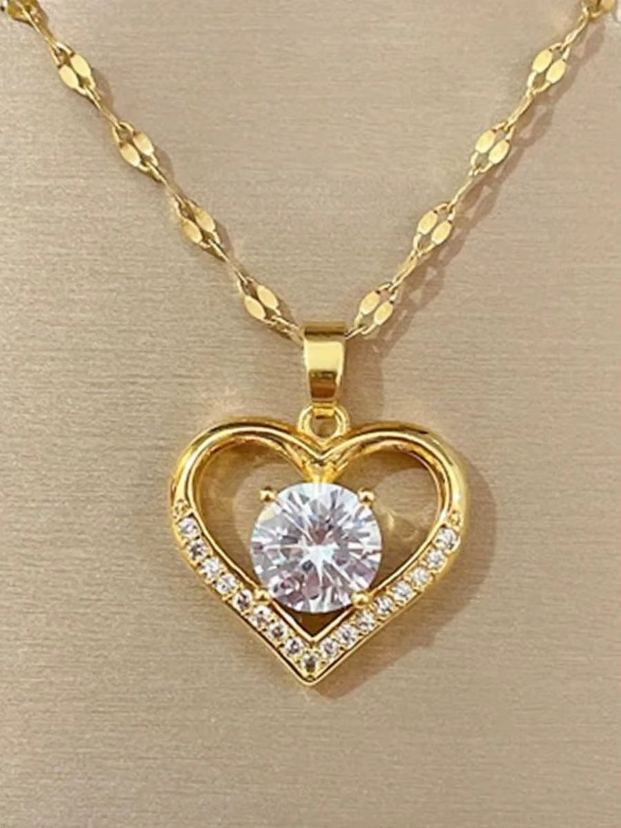 Artificial Gems Heart Pendant Necklace for Women 2022 Golden Stainless Steel Lips Neck Chain Female Necklaces Jewelry for Girl