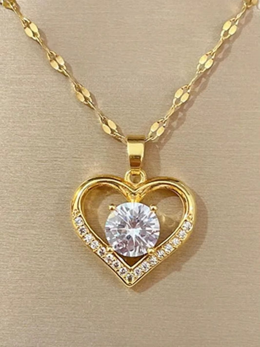 Artificial Gems Heart Pendant Necklace for Women 2022 Golden Stainless Steel Lips Neck Chain Female Necklaces Jewelry for Girl